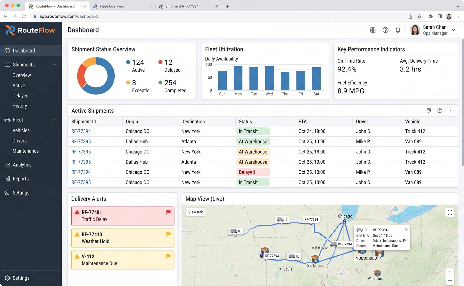RouteFlow dispatch control center with live fleet map